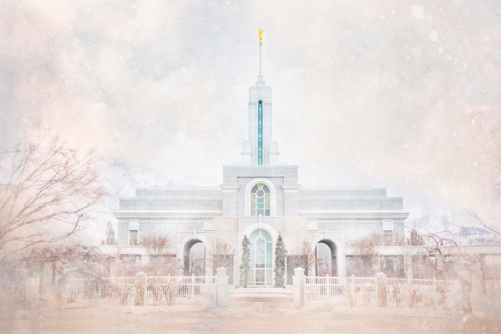 The Mount Timpanogos Utah Temple in a white landscape.