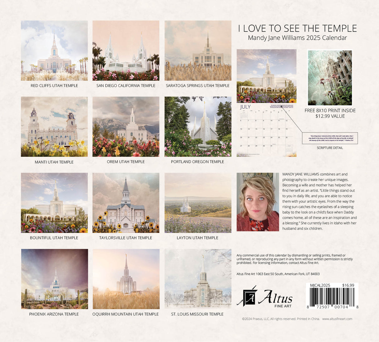 Back cover of ‘I Love to See the Temple’ 2025 calendar featuring illustrated temples and artist biography.