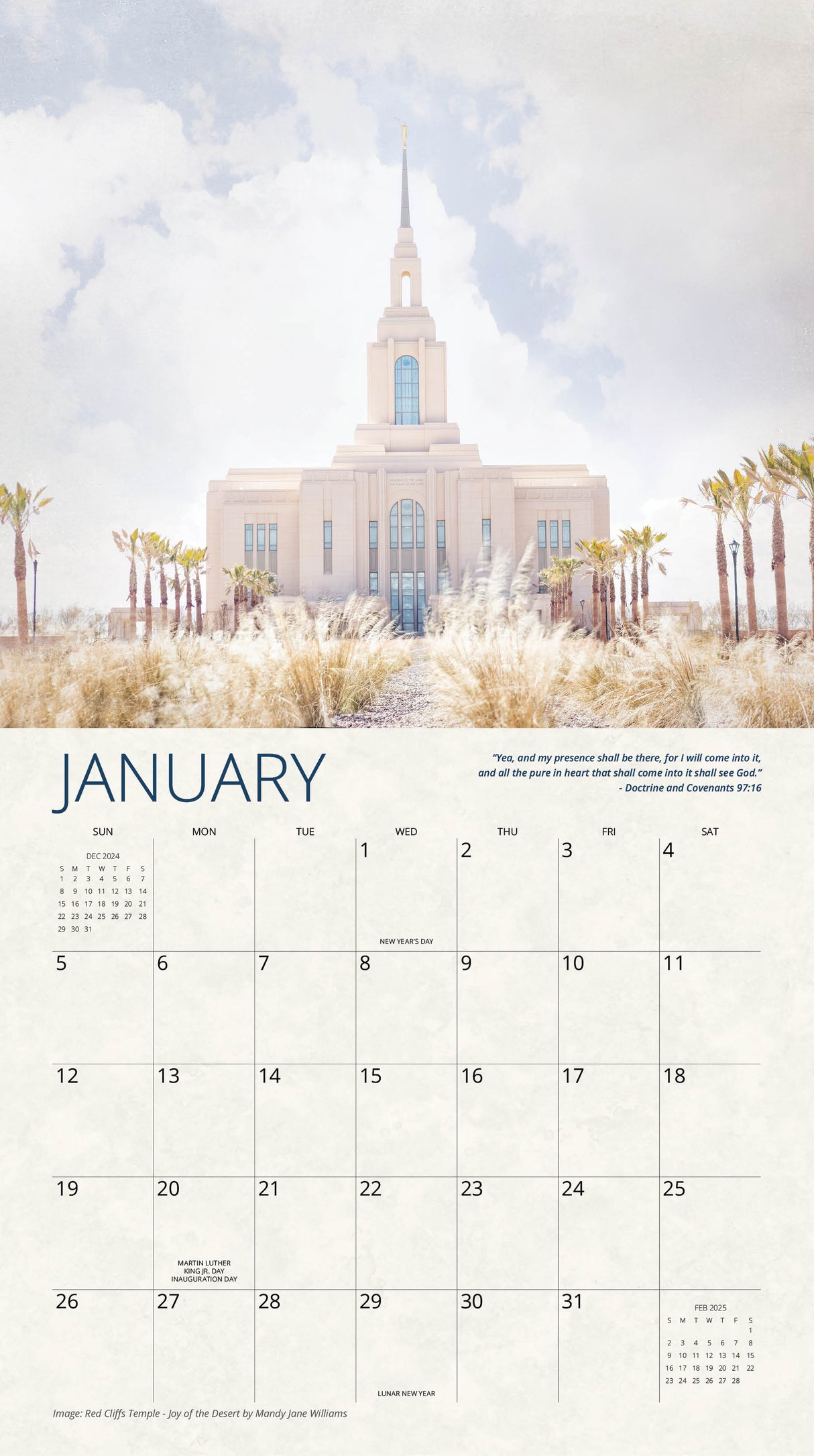 Red Cliffs Utah Temple under a bright sky, surrounded by tall palm trees and decorative grasses in the foreground.