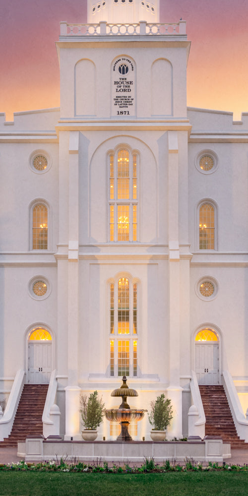 A close up of the St. George Utah temple at sunset.