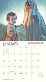 January 2025 calendar page featuring ‘Hope of Israel’ painting by Rose Datoc Dall, depicting Mary with the child Jesus in a tender, illuminated scene.