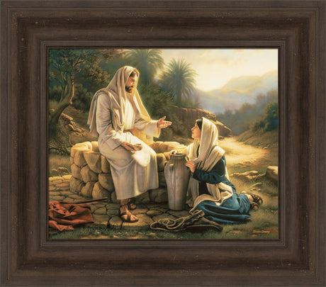 The Samaritan woman kneels beside the well as Jesus teaches her.