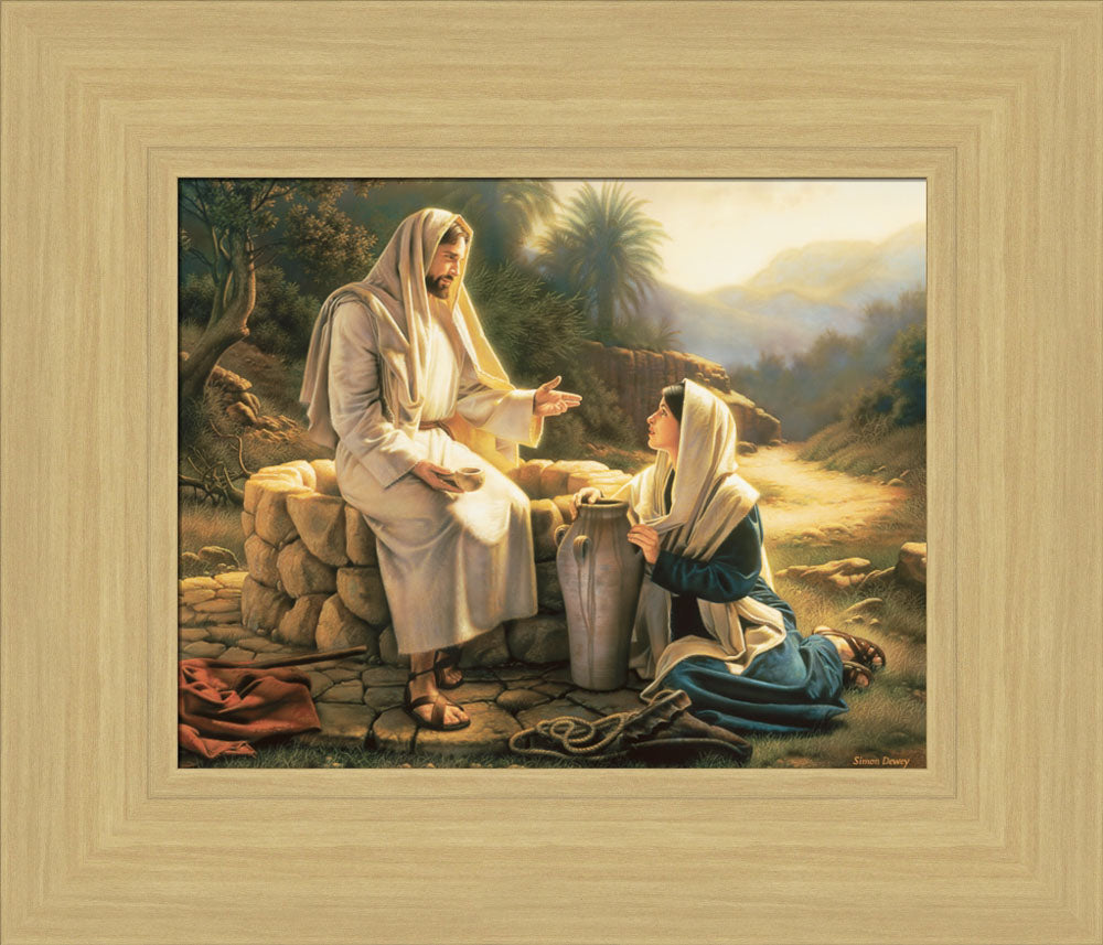 The Samaritan woman kneels beside the well as Jesus teaches her.