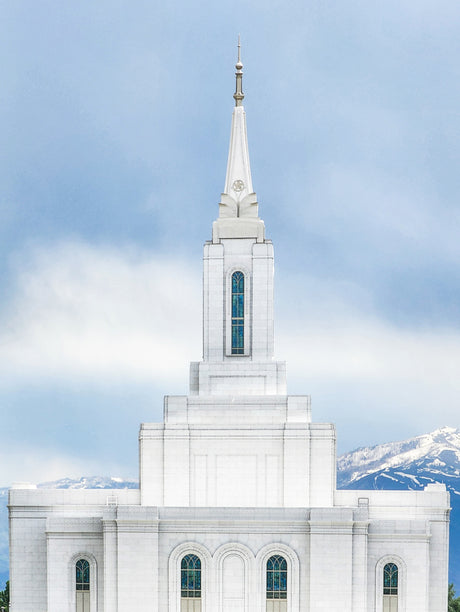 The Orem Utah Temple with a blue sky background.