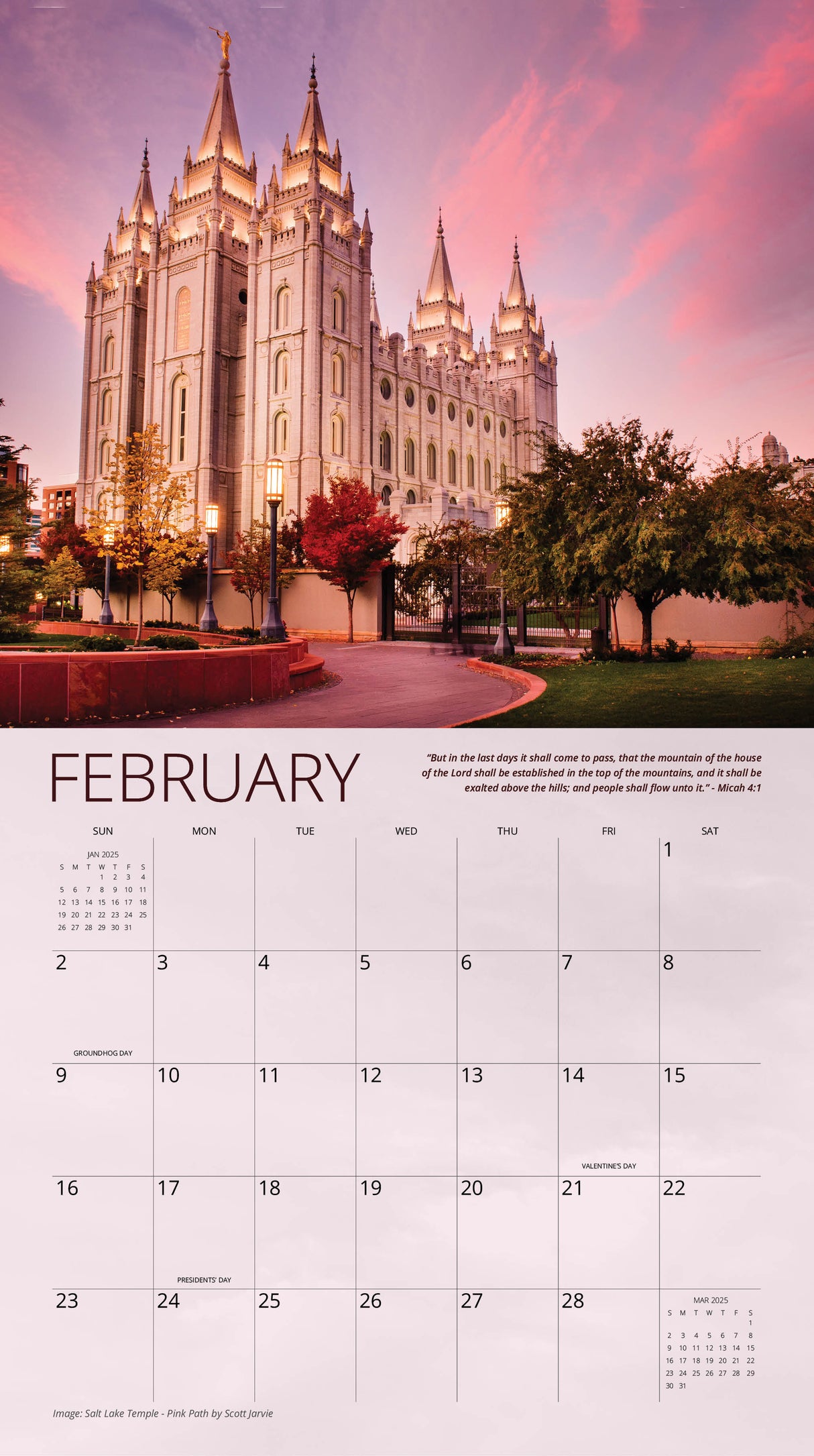 February 2025 calendar page showcasing the Salt Lake Temple against a dramatic sunset sky, surrounded by trees and a walking path.