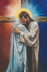 Jesus Christ hugging a figure in front of a cross.