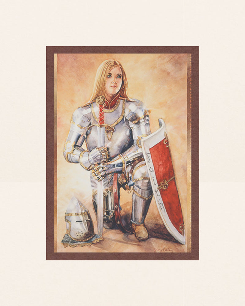 Illustration of a woman in medieval armor kneeling with shield and sword, representing the Armor of God.