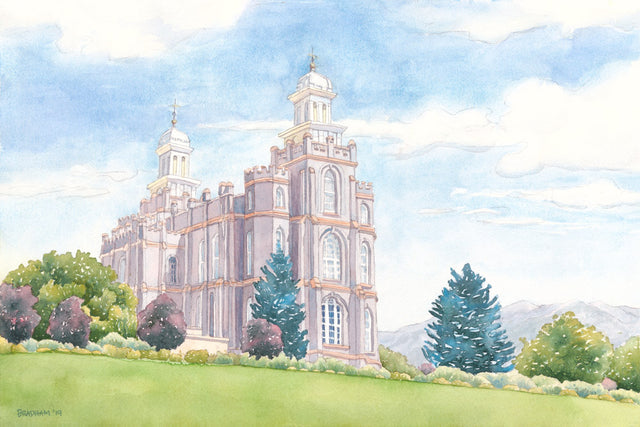 Watercolor painting of the Logan Utah Temple with blue skies. 