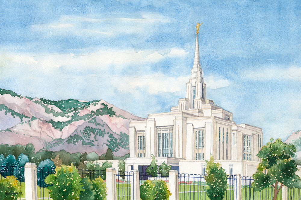 Watercolor painting of the Ogden Utah Temple with mountain in the background. 