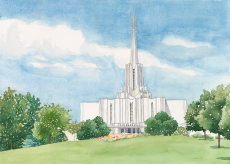 Watercolor painting of the Jordan River Utah Temple