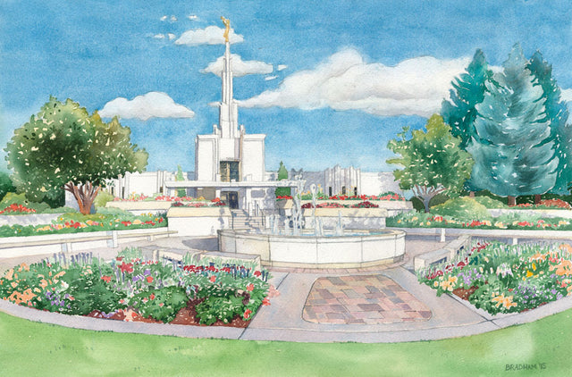 Watercolor painting of the Denver Colorado Temple with blue skies. 