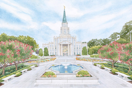 Watercolor painting of the Houston Texas Temple.