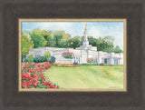 Watercolor painting of the Birmingham Alabama Temple with blue skies.