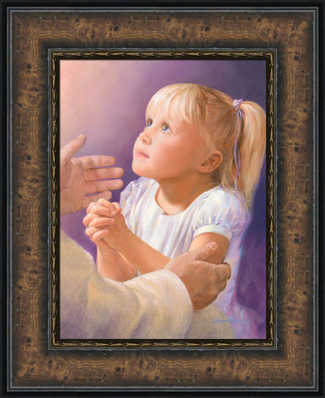 A girl in prayer with Jesus reaching out his hands to comfort her