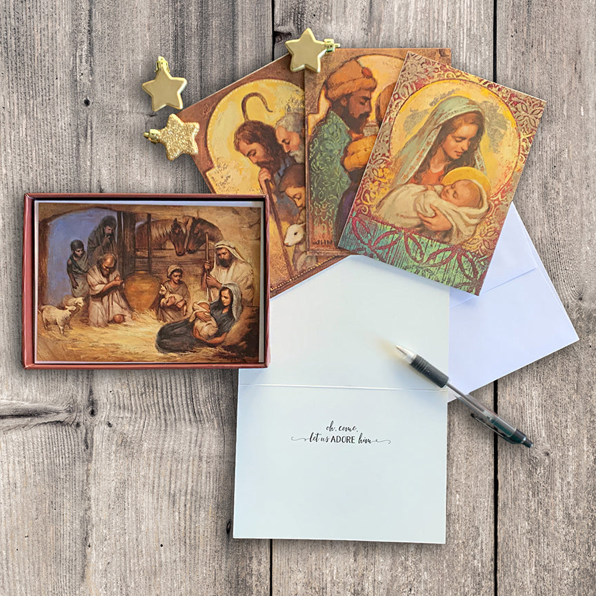 Four beautifully illustrated Christmas cards showcasing the nativity scene, created by Annie Henrie Nader.