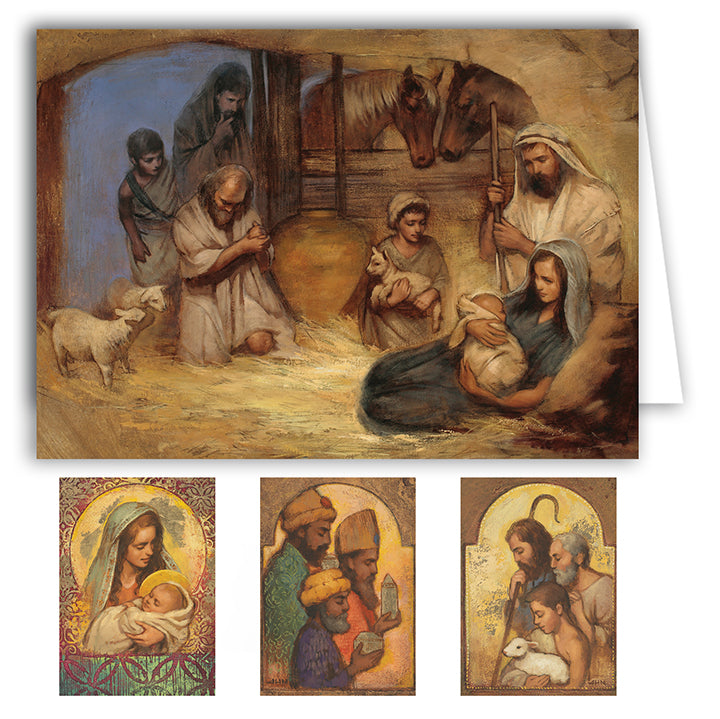 Four nativity scenes depicting Jesus and his family, featured on Annie Henrie Nader Christmas greeting cards.