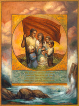 A family kneeling holding a flag with the family proclamation. 