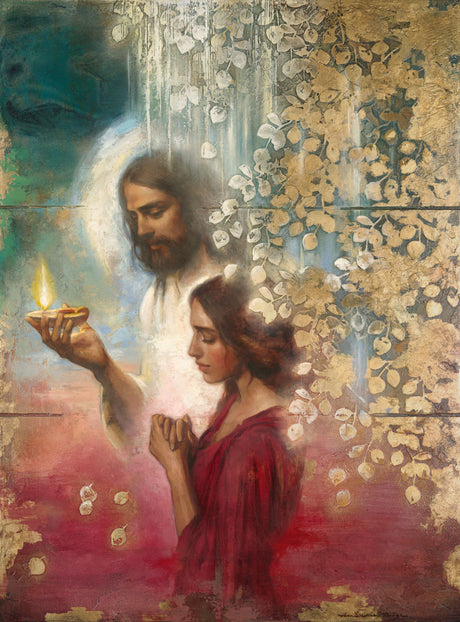 A woman in prayer with Christ standing with her holding a light to guide her.