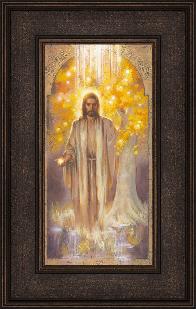 Jesus standing in front of the tree of life, holding the fruit of the tree. Art 11