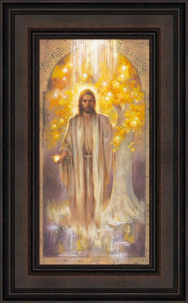 Jesus standing in front of the tree of life, holding the fruit of the tree. Art 12