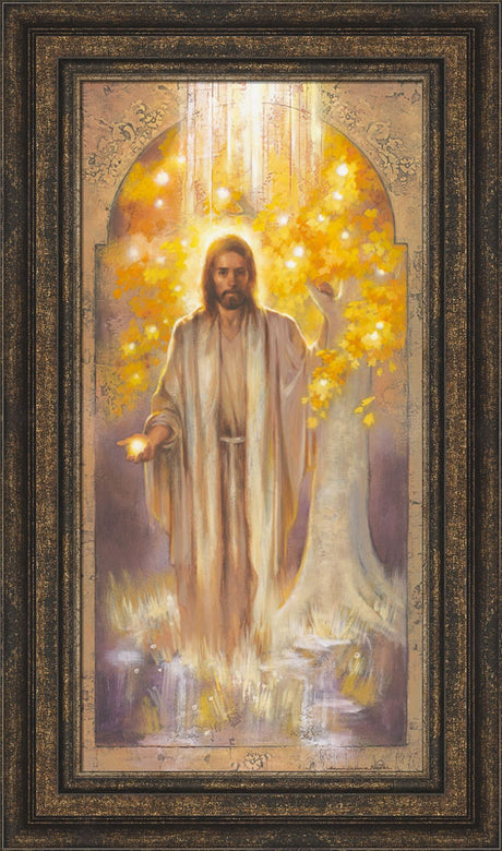 Jesus standing in front of the tree of life, holding the fruit of the tree. Art 9