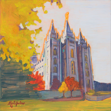 Painting of the Salt Lake Utah Temple in the fall. 