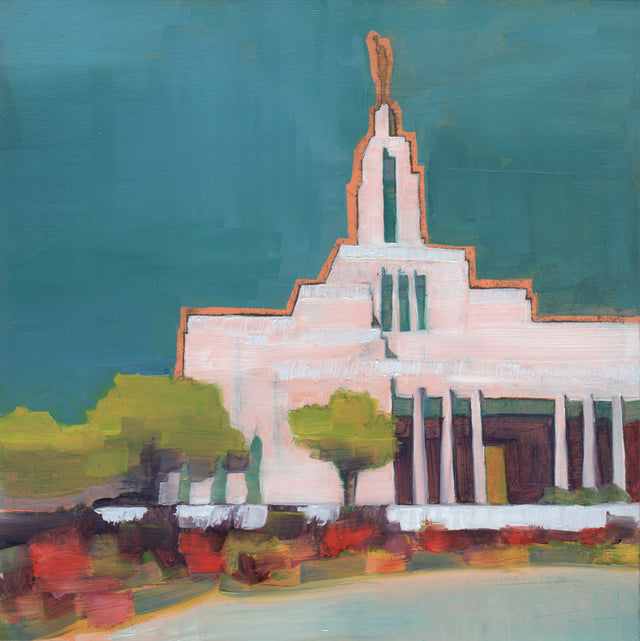 Painting of the Draper Utah Temple with dark blue sky. 