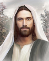 Portrait of Jesus Christ wearing a white shawl on head with trees in the background. 