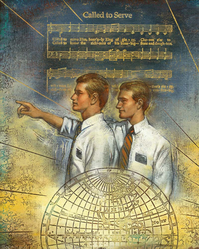 Two missionaries pointing with the song Called to Serve in the background.