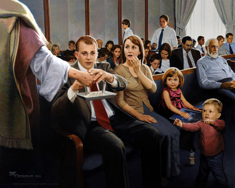 A family partaking of the sacrament at church with Jesus holding the tray.  Art 1