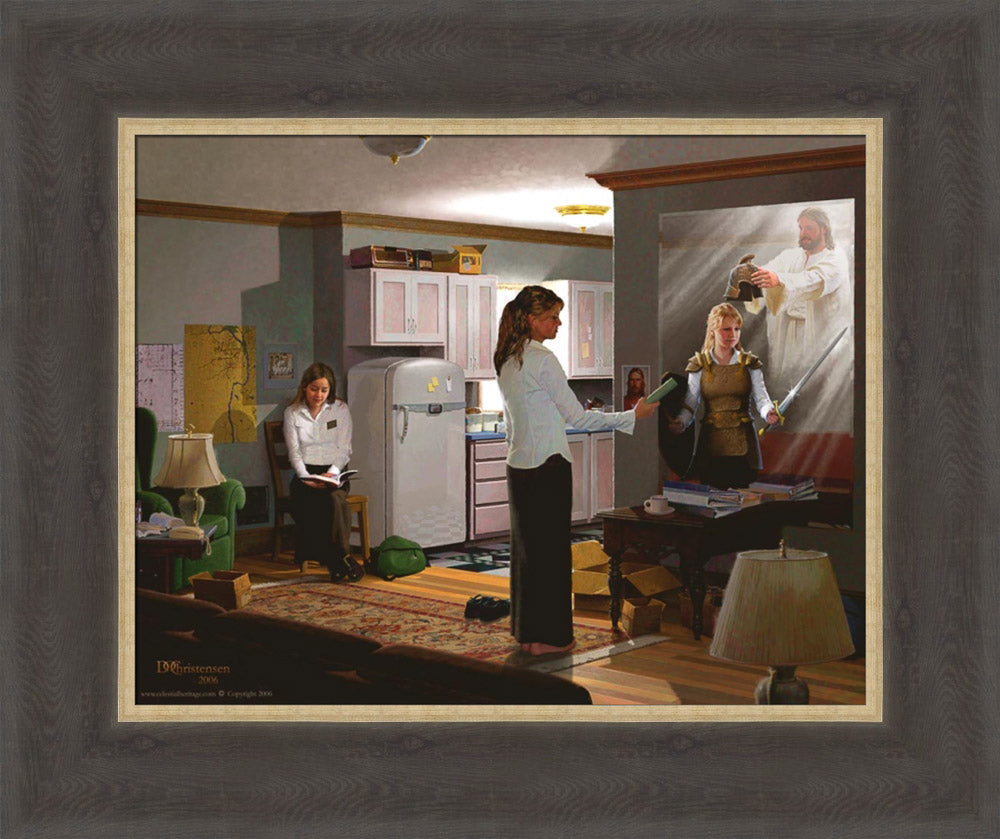 Two sister missionaries, one looking in mirror with armor in her reflection. Art 9