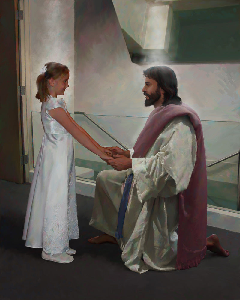 Girl dressed in white in front of a baptismal font with Jesus holding her hands. Art 6