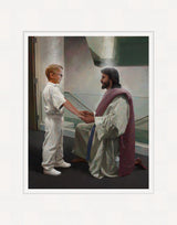 Boy dressed in white in front of a baptismal font with Jesus holding her hands. Art 7