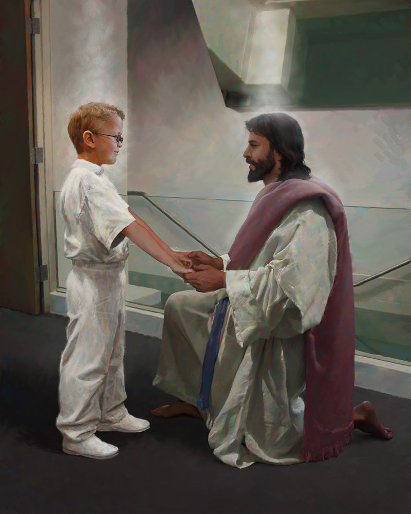 Boy dressed in white in front of a baptismal font with Jesus holding her hands. Art 6