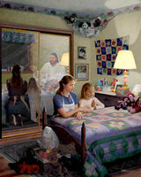 Mother and daughter kneeling to pray at a bed with Jesus's reflection in the mirror. Art 2