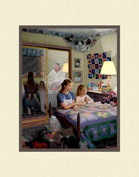 Mother and daughter kneeling to pray at a bed with Jesus's reflection in the mirror. Art 4