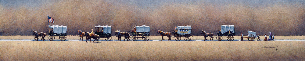 Painting of a train of covered wagon headed west across the plains. 