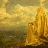 Christ sitting on a hillside looking out over Jerusalem landscape.