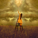 LDS art image of a girls standing on a ladder in a field, reaching up toward Heaven. Light and shines down on her.