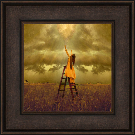 LDS art image of a girls standing on a ladder in a field, reaching up toward Heaven. Light and shines down on her.