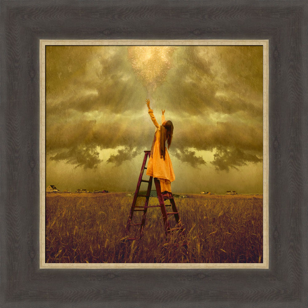 LDS art image of a girls standing on a ladder in a field, reaching up toward Heaven. Light and shines down on her.