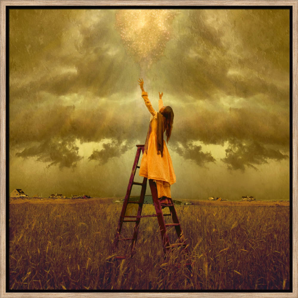 LDS art image of a girls standing on a ladder in a field, reaching up toward Heaven. Light and shines down on her.