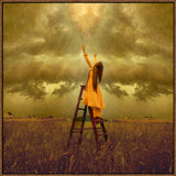 LDS art image of a girls standing on a ladder in a field, reaching up toward Heaven. Light and shines down on her.