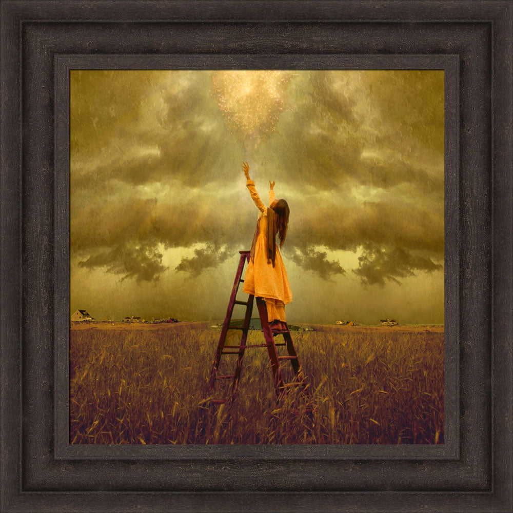 LDS art image of a girls standing on a ladder in a field, reaching up toward Heaven. Light and shines down on her.