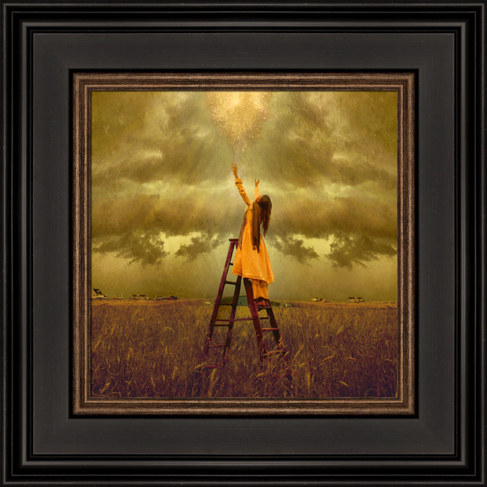 LDS art image of a girls standing on a ladder in a field, reaching up toward Heaven. Light and shines down on her.