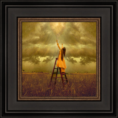 LDS art image of a girls standing on a ladder in a field, reaching up toward Heaven. Light and shines down on her.