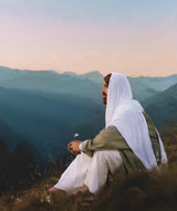 Jesus sitting on a peaceful hillside holding a lily and staring thoughtfully across the land.