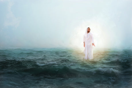 Jesus walking across a stormy sea.