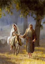 Joseph leading pregnant Mary on a donkey. 