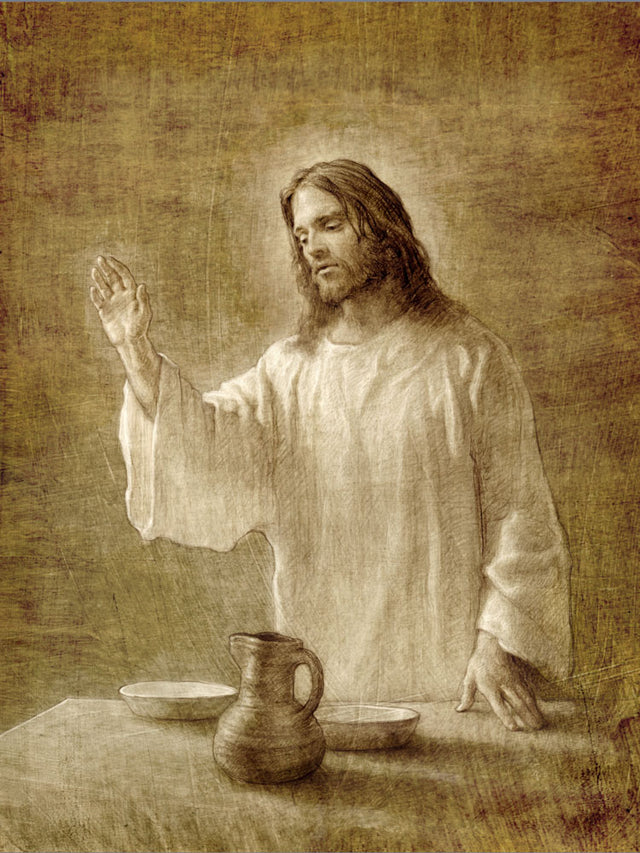 Sepia sketch of Jesus with his hand up next to a table with a pot. 